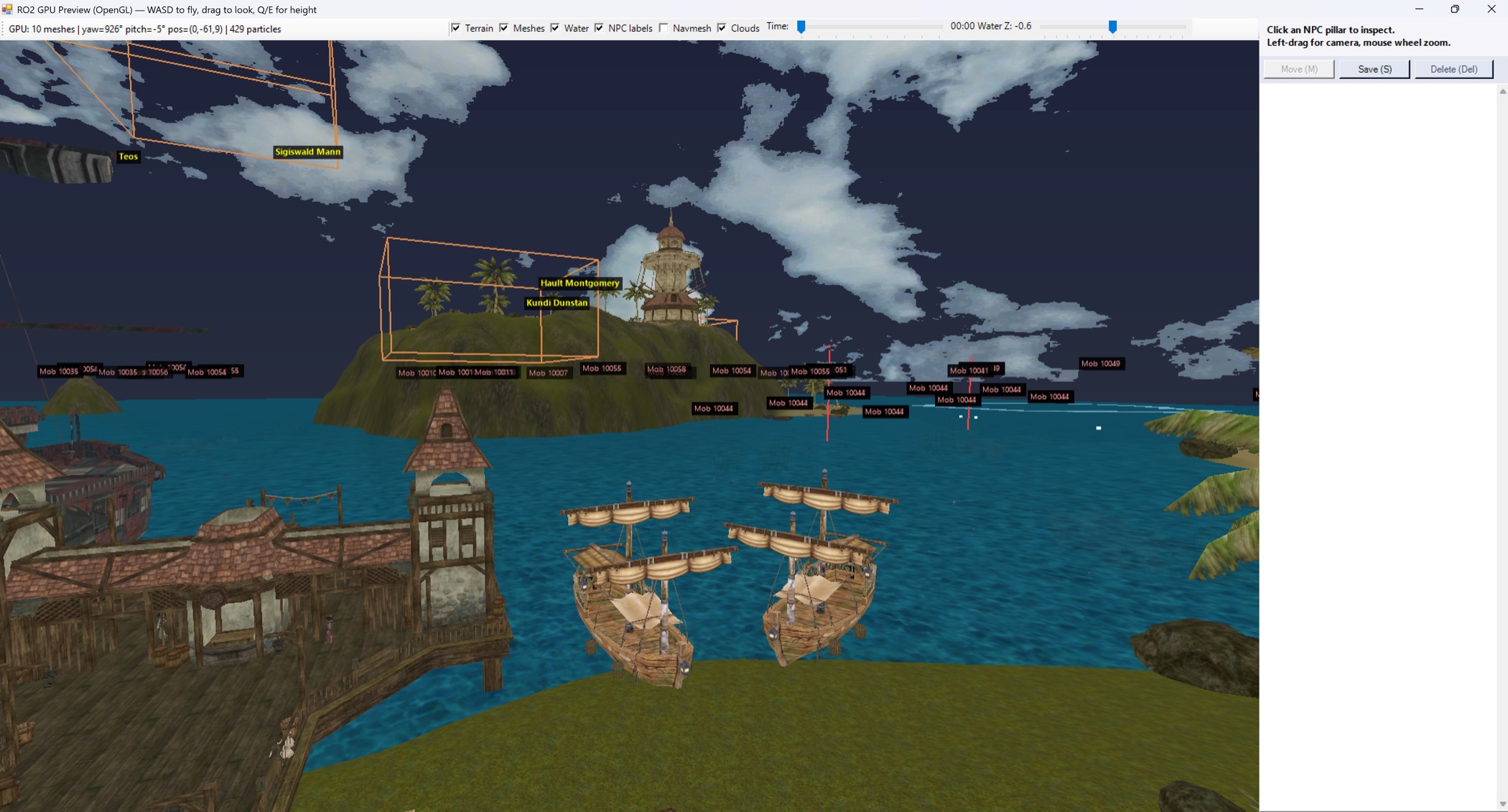 AegisRO2 Remake editor preview showing a harbor, blue ocean, boats, island terrain, labels, and the editor panel.